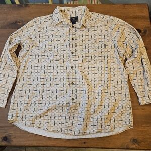 Woolrich Mens Button Down Shirt XXL Fish Print Gold Green Size XXL